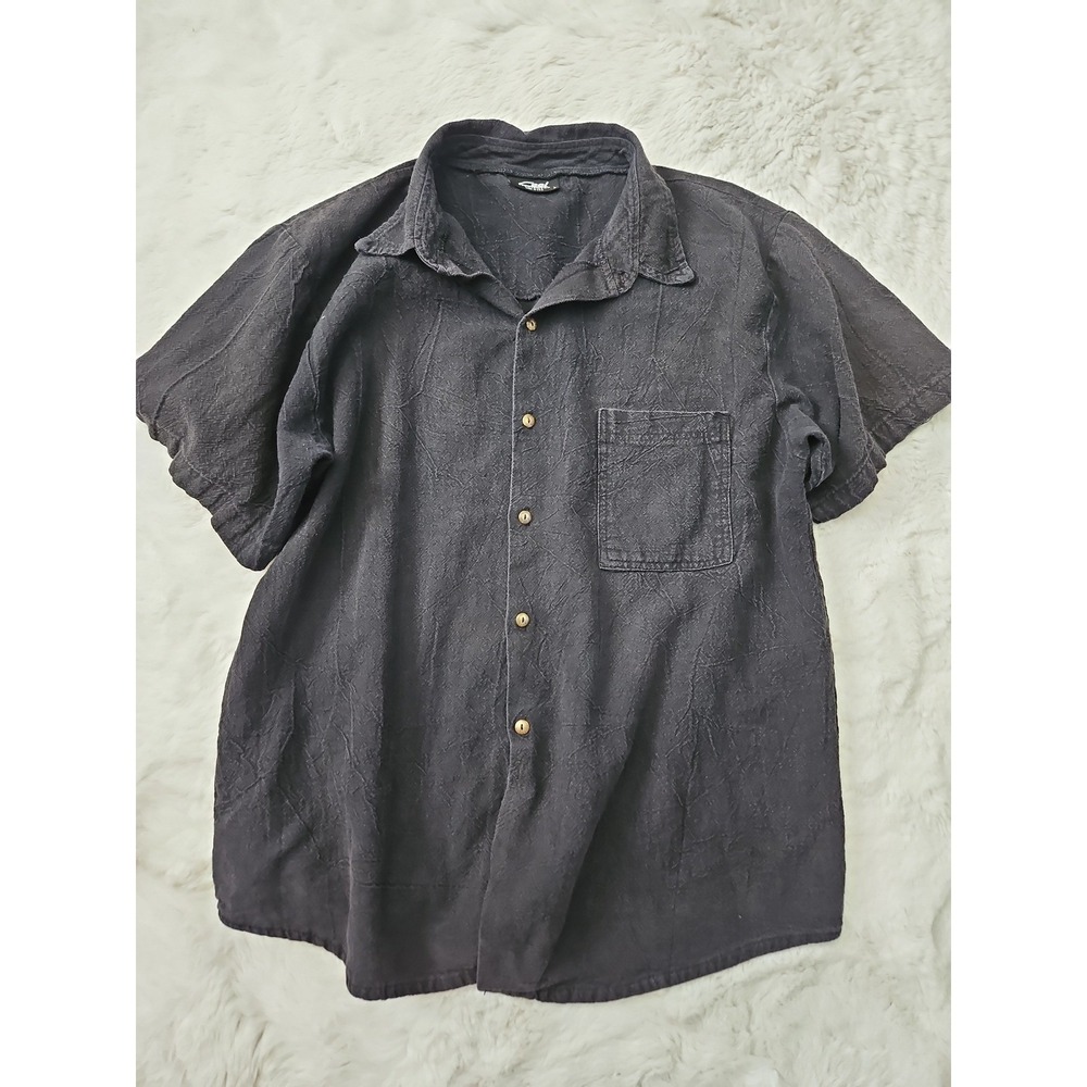 Vintage 90s Black Crinkle Cotton Shirt Mens L Textured Button Up Made In USA